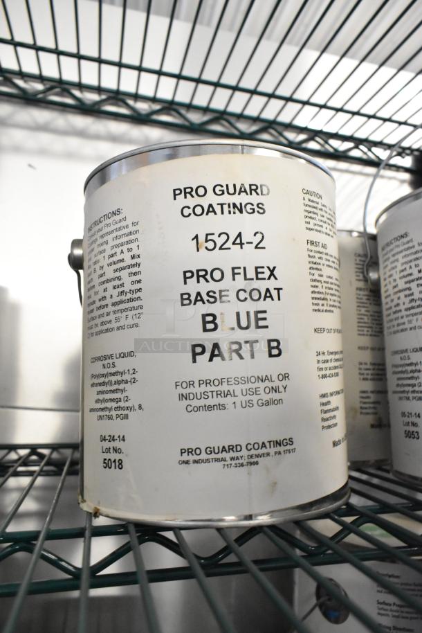 Pro Guard Chemicals, 1524-2 Pro Flex Base Coat Blue Part B, 1-gallon container, industrial use, Lot 5018, visible text and usage instructions.