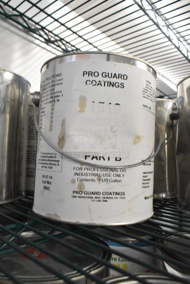 10 cans of Pro Guard chemicals, including 1524-2 Pro Flex Base Coat Blue Part B for asphalt. Industrial use, 1-gallon size.