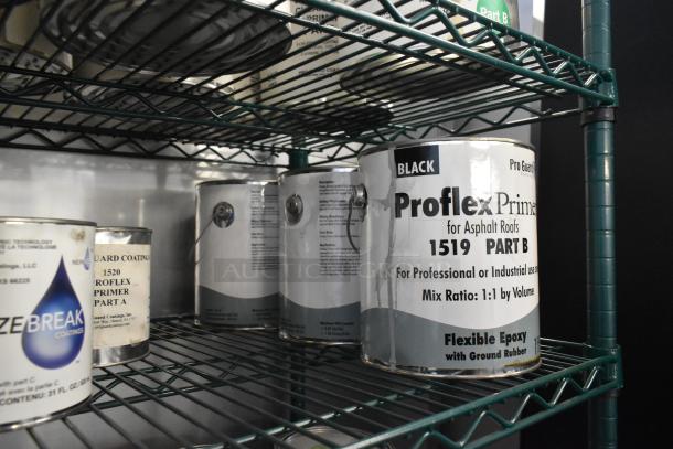 11 Pro Guard Chemicals including Proflex Primer 1519 Part B, PhazeBreak Part B, stored on metal shelf; ideal for professional use.