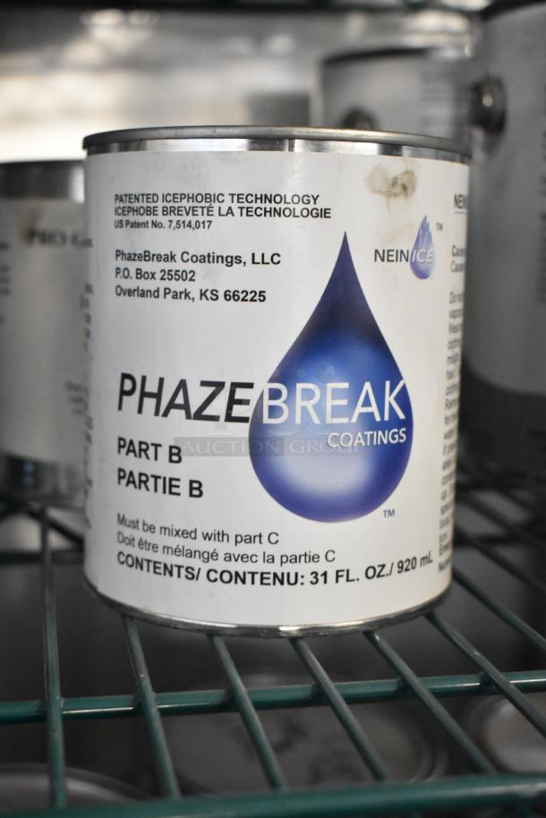 Container of PhazeBreak Coatings Part B, 31 oz., labeled with patented icephobic technology info, needing Part C mixing.
