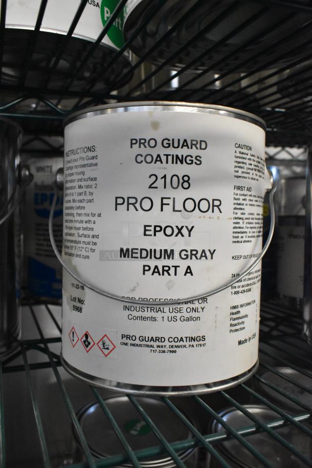 Pro Guard Coatings 2108 Pro Floor Epoxy, Medium Gray, Part A, 1-gallon can, industrial use, with safety warnings.