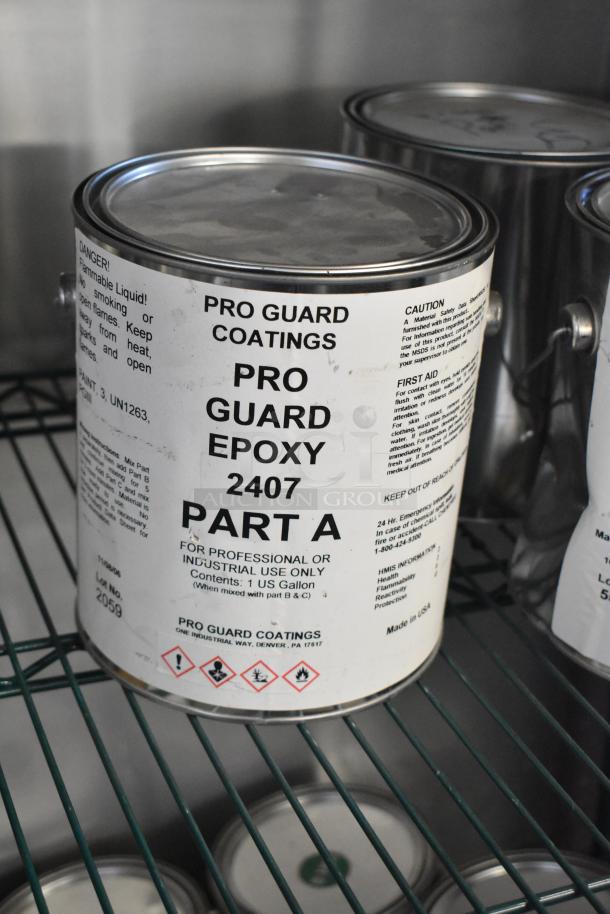 8 Pro Guard chemicals including 9908 Super Pipe Seal Part B, 2407 Epoxy Part A, Pond Pro 2000 White Liquid Rubber.