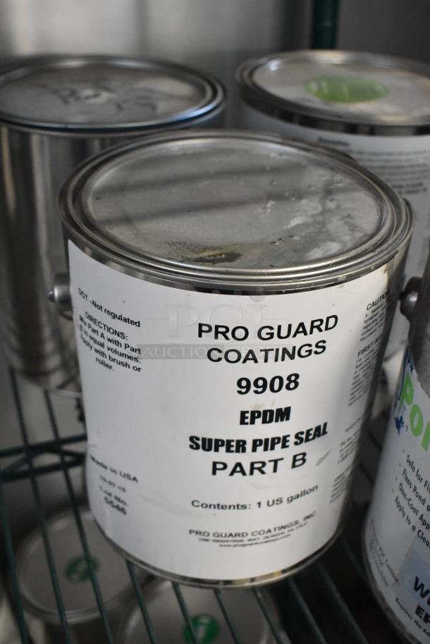 Eight Pro Guard chemical cans, including 9908 Super Pipe Seal Part B, in new condition on a shelf.