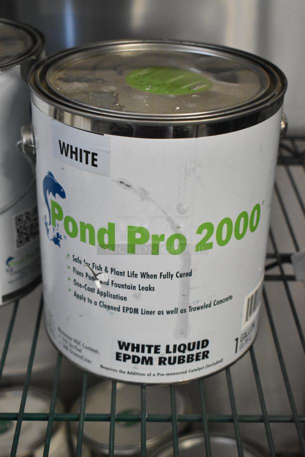 Container of Pond Pro 2000 White Liquid EPDM Rubber, labeled safe for fish and plants, fixes leaks, one-coat application.