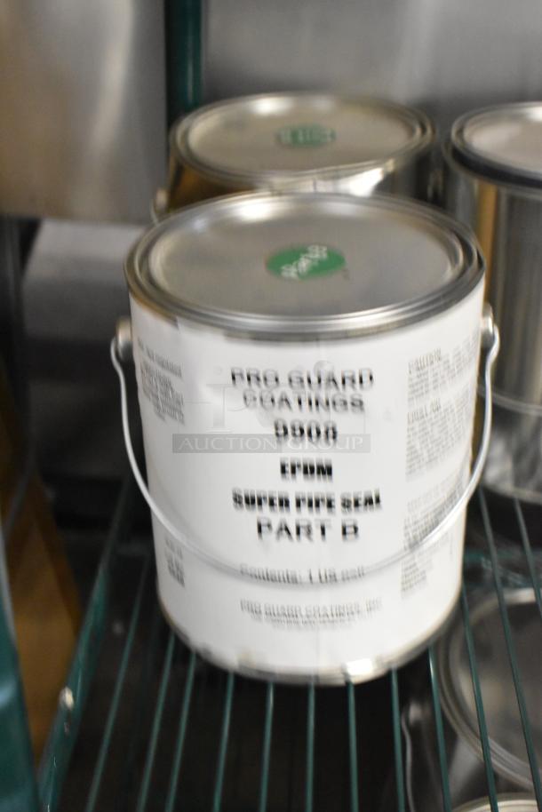 9 cans of Pro Guard Chemicals, including 9908 Super Pipe Seal Part B. Industrial use, labeled for easy identification.