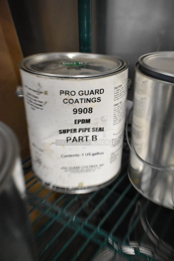 Nine cans of Pro Guard Chemicals, including 9908 Super Pipe Seal Part B, 1-gallon size, labeled for sealing pipes.