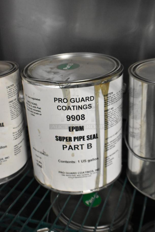 9 Pro Guard Chemicals, including 9908 Super Pipe Seal Part B, 1 US gallon each. Used condition, visible spillage on labels.