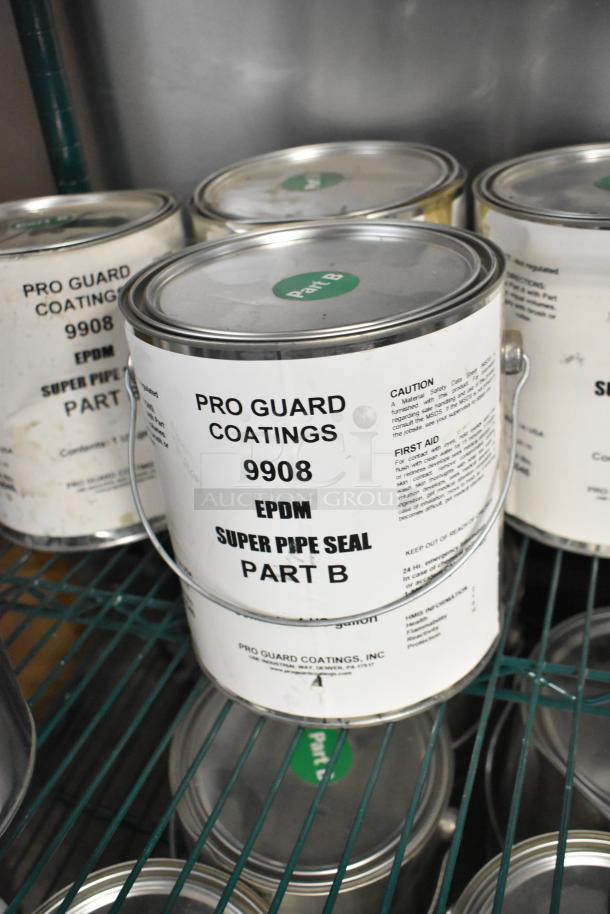Nine Pro Guard Coatings 9908 Super Pipe Seal Part B cans, labeled EPDM, on a shelf.