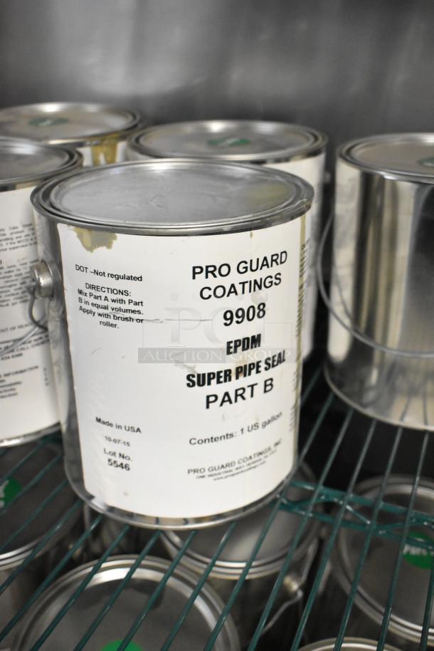 Pro Guard 9908 Super Pipe Seal Part B cans on shelf. Includes mixing directions, 1 gallon content, made in USA, Lot No. 5546.