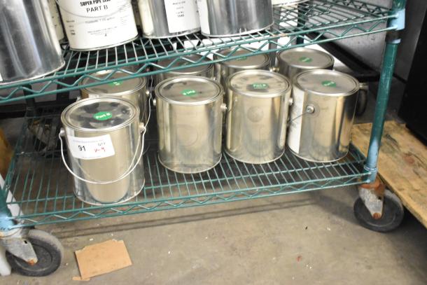 9 Pro Guard chemical cans, including 9908 Super Pipe Seal Part B, on a metal shelf. Various conditions, some labeled "Part B."