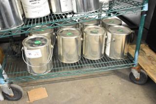 9 Pro Guard chemical cans, including 9908 Super Pipe Seal Part B, on a metal shelf. Various conditions, some labeled "Part B."