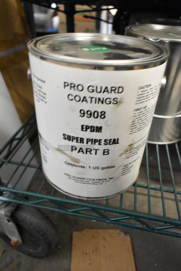 Pro Guard Coatings 9908 EPDM Super Pipe Seal Part B, 1-gallon can, white label with product details, on a shelf.