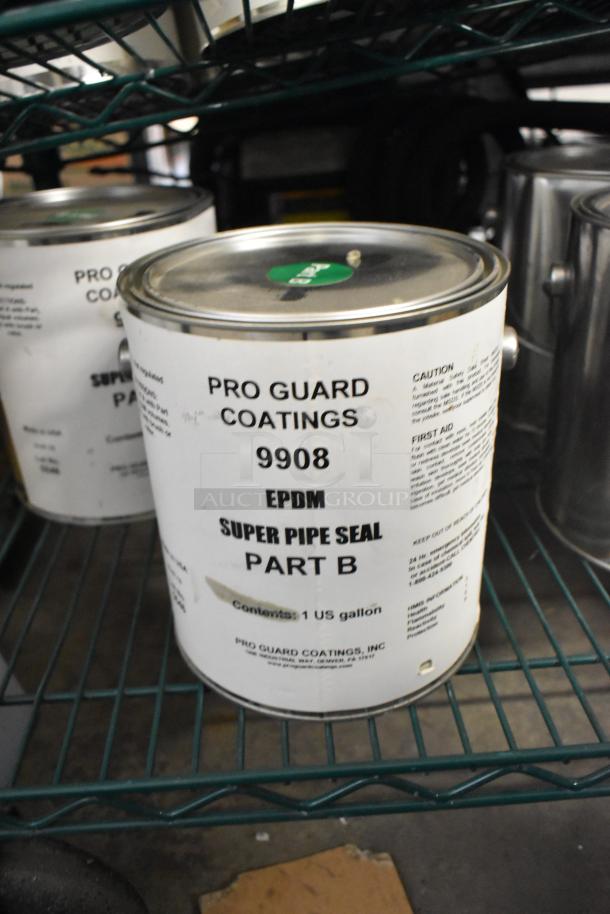 9 Pro Guard Chemicals on shelf, featuring 9908 Super Pipe Seal Part B. Labeled 1-gallon cans, industrial use.