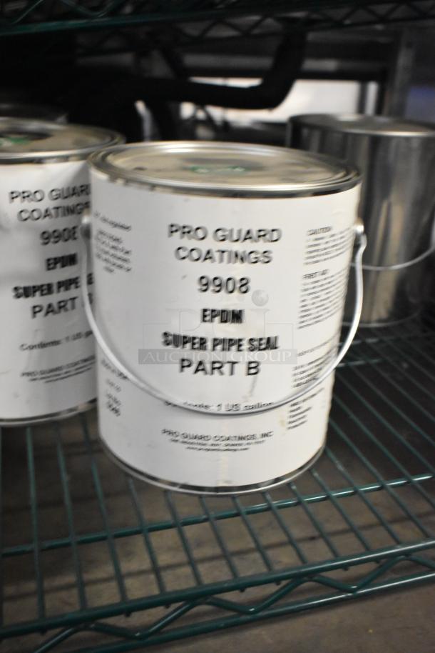 Nine cans of Pro Guard 9908 EPDM Super Pipe Seal Part B on a shelf, labels indicate 1 US gallon each.