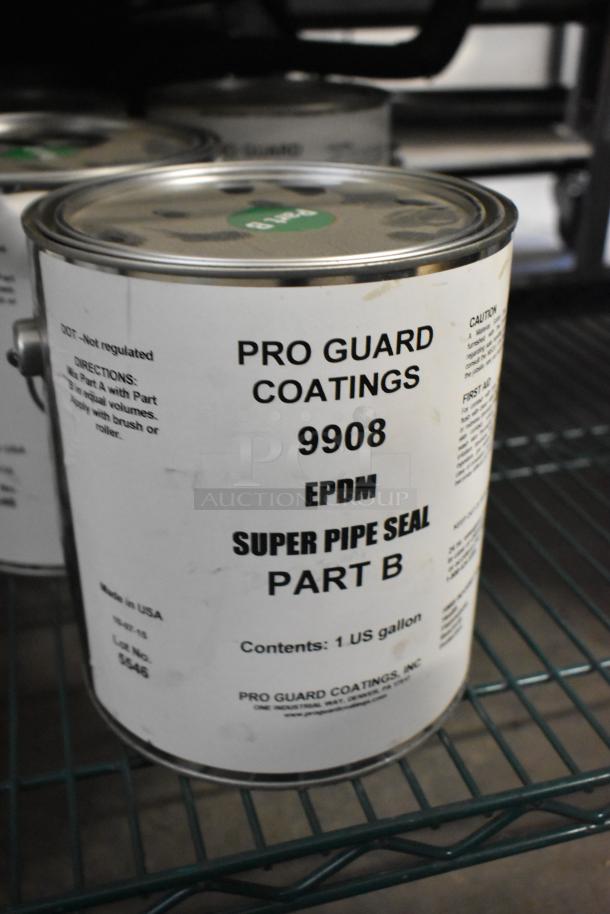 Pro Guard 9908 Super Pipe Seal Part B can, 1 US gallon, EPDM, instructions label visible. Made in USA.