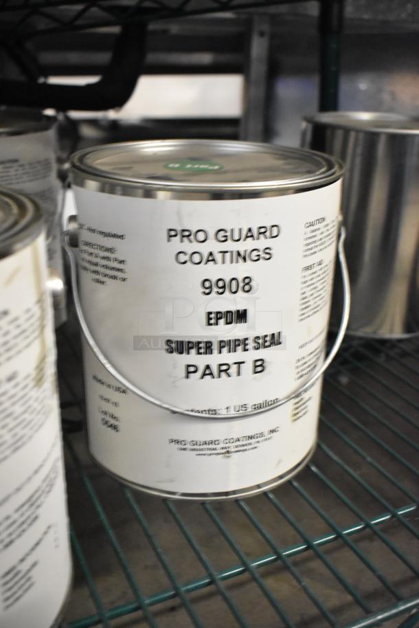 9 Pro Guard Chemicals, including 9908 Super Pipe Seal Part B. White can with black text, 1-gallon each.