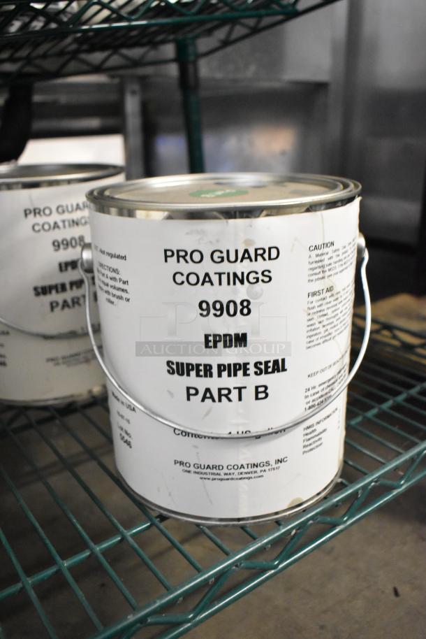 Pro Guard Coatings 9908 EPDM Super Pipe Seal Part B can on shelf; label features instructions and caution details.