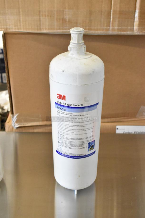 3M HF60-S water filter cartridge, high flow series, slightly worn, detailed label on front.
