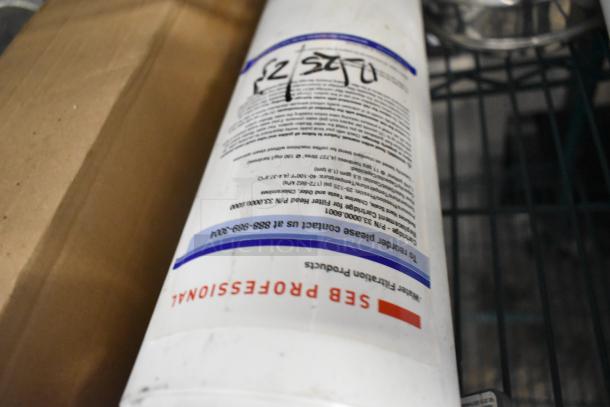 Six various water filter cartridges, SEB Professional brand, shown with labels and part numbers visible, in new condition.