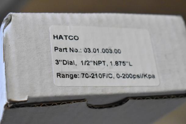 Hatco dial with Part No. 03.01.003.00, 3" Dial, 1/2" NPT, range 70-210F/C, 0-200 psi/Kpa, on a labeled box.