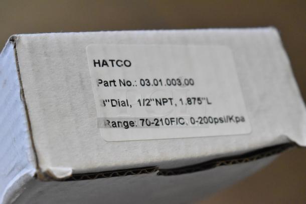 Hatco item in box with label showing part no. 03.01.003.00, 3" dial, 1/2" NPT, 1.875" L, range 70-210 F/C, 0-200 psi/Kpa.