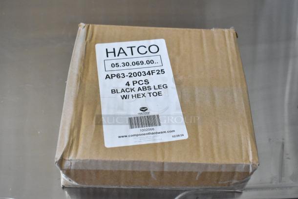 Brown box with Hatco label reading "AP63-20034F25 4 Pcs Black ABS Leg w/ Hex Toe," sealed and in good condition.