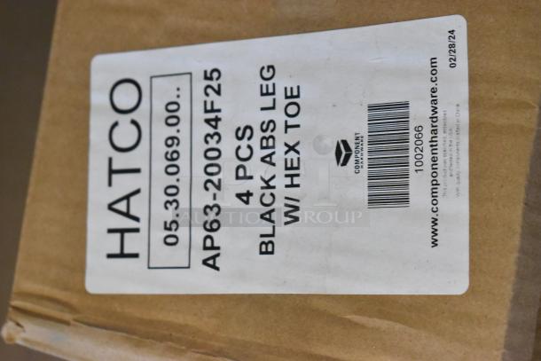 Hatco AP63-20034F25 Black ABS Leg box label, showing details and barcode, "4 PCS BLACK ABS LEG W/ HEX TOE."