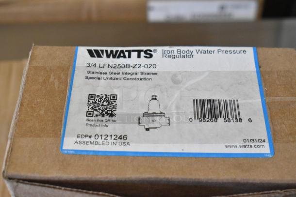 Watts 3/4 LFN250B-Z-020 Iron Body Water Pressure Regulator box. Includes stainless steel strainer. USA assembled.