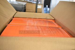 Box of Sysco clamshell fries containers, brand new, bright orange, neatly stacked in an open cardboard box.