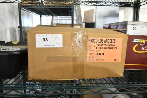 Box of new Sysco clamshell fries boxes, part #7146977-UMAMI, quantity 400, dated 02/19/2021, in original packaging.