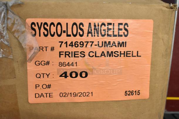 Box of brand new Sysco clamshell fries containers, part #7146977-UMAMI, quantity 400, dated 02/19/2021.