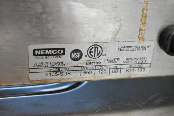 Nemco 6135-SUB stainless steel commercial food warmer label, showing 120 volts, 550 watts, NSF, and ETL certifications.