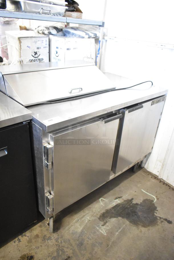 Beverage Air SP48-08 stainless steel sandwich/salad prep table, bain marie top, commercial casters, 115V, 1 phase.