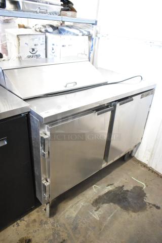 Beverage Air SP48-08 stainless steel sandwich/salad prep table, bain marie top, commercial casters, 115V, 1 phase.