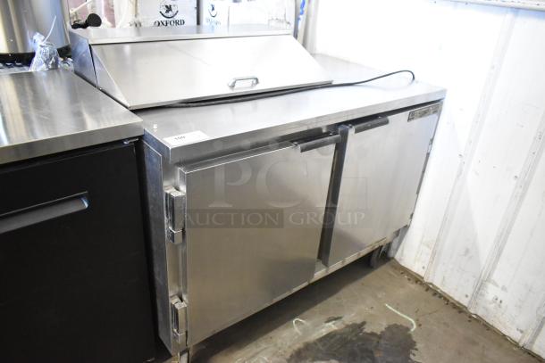 Beverage Air SP48-08 stainless steel prep table, commercial casters, 115V, 1-phase, excellent condition, labels visible.