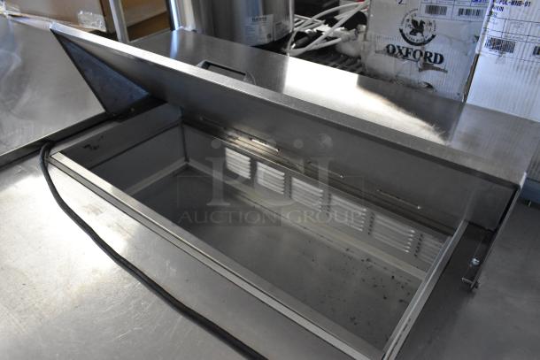 Beverage Air SP48-08 stainless steel sandwich salad prep table; open lid, interior view; commercial casters, 115V, 1 Phase.