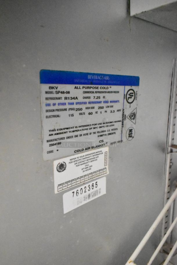 Beverage Air SP48-08 stainless steel prep table label, indicating model, electrical specs, refrigerant type, and certifications.
