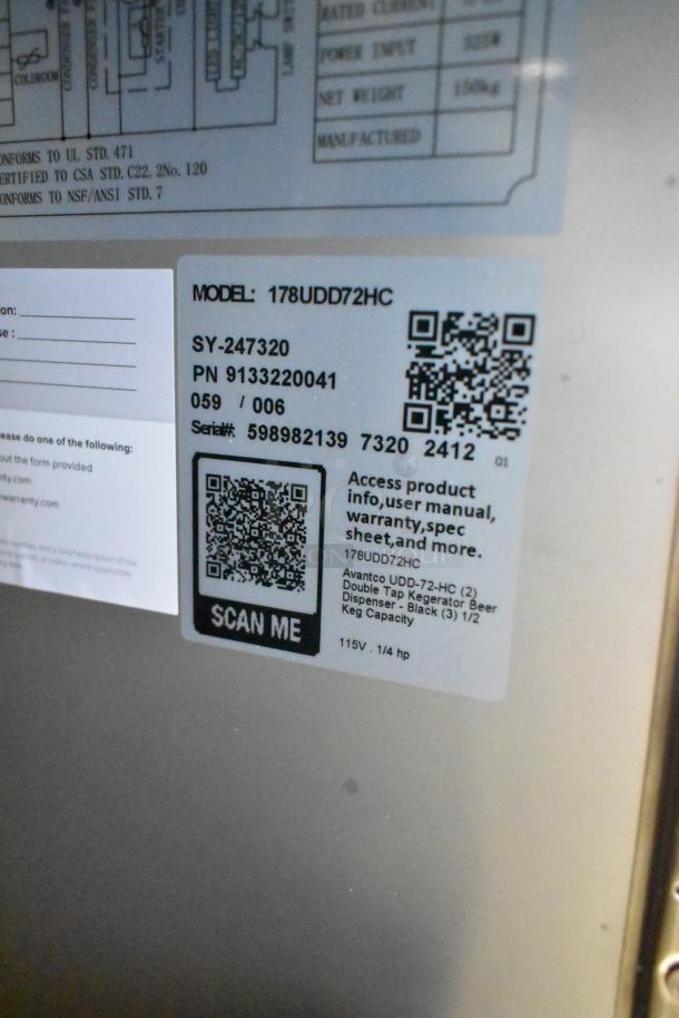 Avantco 178UDD72HC metal kegerator label showing model, serial number, specs, and QR code; 115V, 1/4 hp, black.