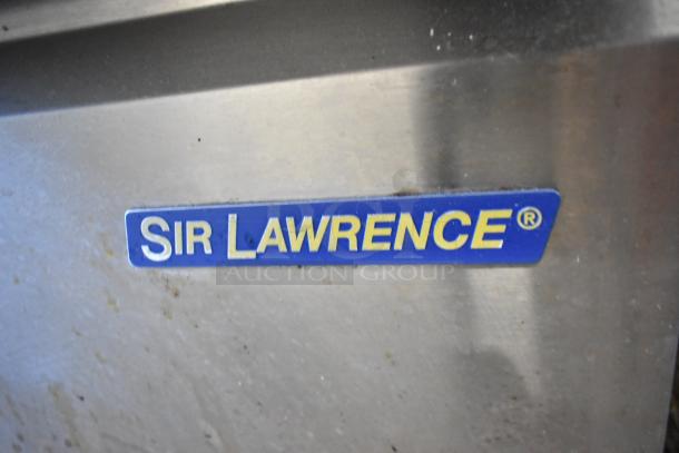 Sir Lawrence SLMPREP-2DW stainless steel label on a commercial sandwich salad prep table. Model: 2023. 115V, 1 phase.