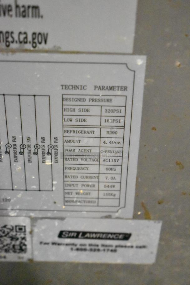 Sir Lawrence SLMPREP-2DW Stainless Steel Prep Table label showing technical parameters and contact info.