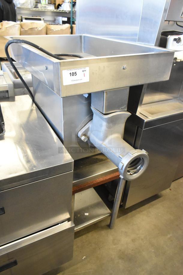 Hobart 4732 metal commercial meat grinder, 208 volts, 3-phase. Durable stainless steel construction, includes safety label.