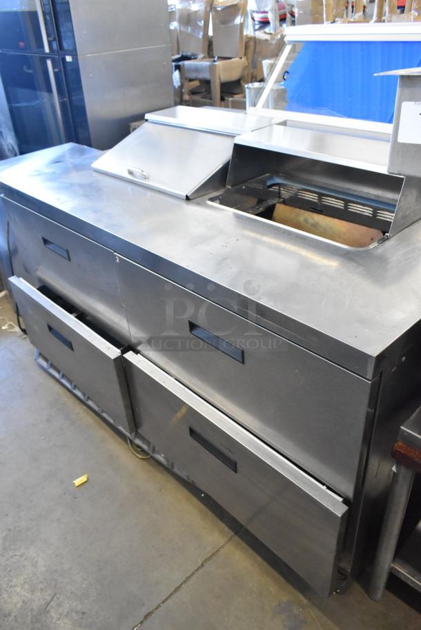 Delfield UCD4464N-12-DD5 stainless steel prep table, four drawers, missing one lid, 115V, 1 phase, in good condition.