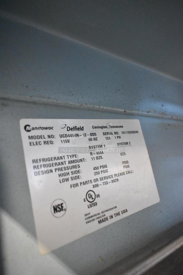 Delfield UCD4464N-12-DD5 stainless steel prep table label, 115V, missing one lid, R-404A refrigerant info.