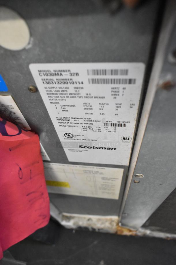 Scotsman C1030MA-32B Prodigy Plus Ice Machine label showing model details and specifications for a commercial unit.