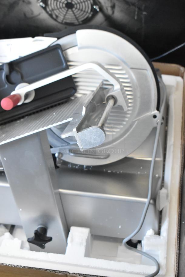 2018 Bizerba GSP H metal commercial meat slicer, 120V, 1 phase, in excellent condition with visible power cord.