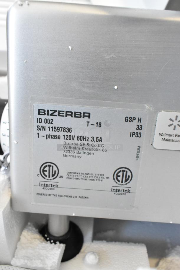 2018 Bizerba GSP H meat slicer label, showing 120V, 60Hz, 3.5A, 1-phase information. Stainless steel, commercial use.