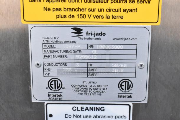 Fri-jado TDR7-P rotisserie oven label; shows model, part number 9299612, 208V, 3-phase, ETL certified.