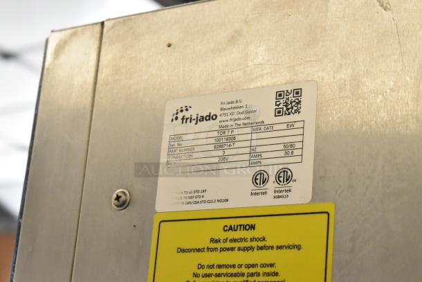 Fri-jado TDR 7 P stainless steel rotisserie oven label, 208V, 3 phase, with caution notice and specifications tag.