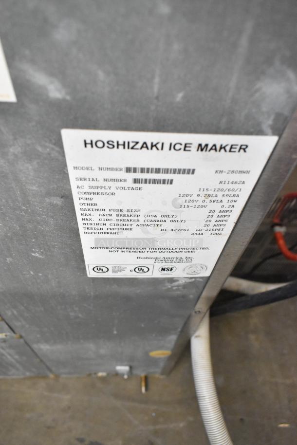 Hoshizaki KM-280MWH ice machine head, stainless steel, water cooled, 115-120V, 1 phase, label with model and specs.