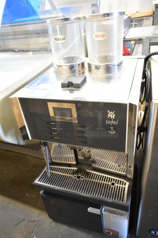 MF Bistro stainless steel espresso machine, single group, with steam wand and 2 hoppers for regular and decaf. 208/240V, 1 phase.